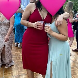 Dress the Population Red Ruched Halter Midi Dress